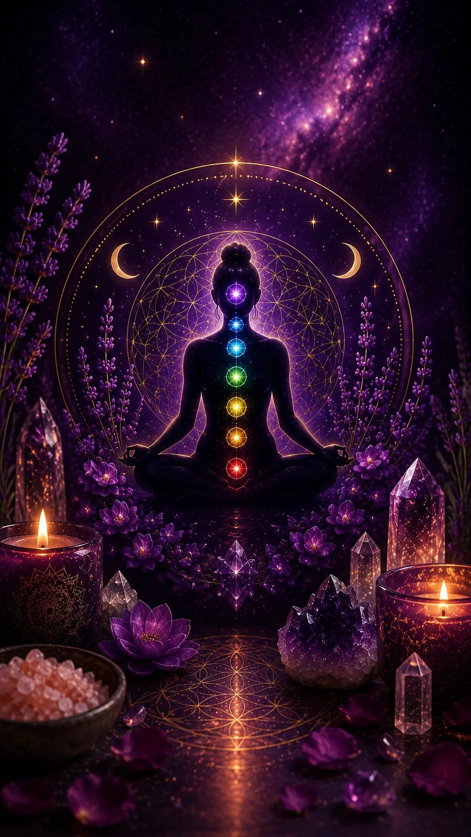 Meditative figure surrounded by chakra light, lavender, crystals and candlelight — Energetic Embodied Healing